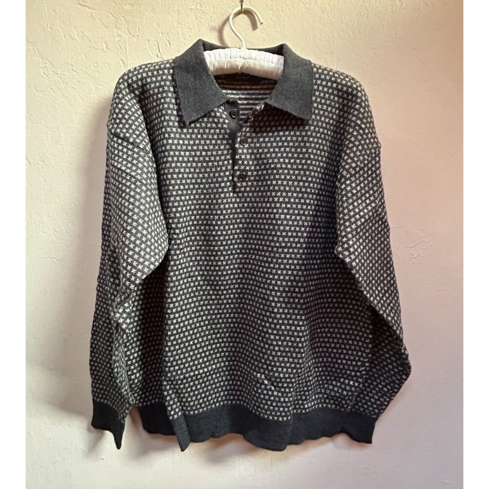 Cortefiel City Wear Men Large T-4 Long Sleeve Jacquard Sweater Merino Wool Black